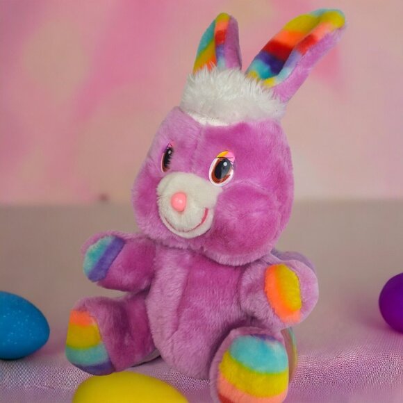 Stuffed Plush Rainbow Bunny Vintage Pink Smiling Rabbit By Animal‎ Toy 1984 Rare - Picture 3 of 14